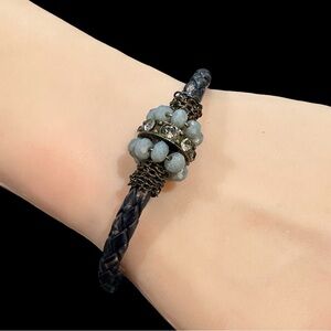 Bangle Bracelet Black Brown Leather Rhinestone Inlay Gray Beaded Magnetic Closur